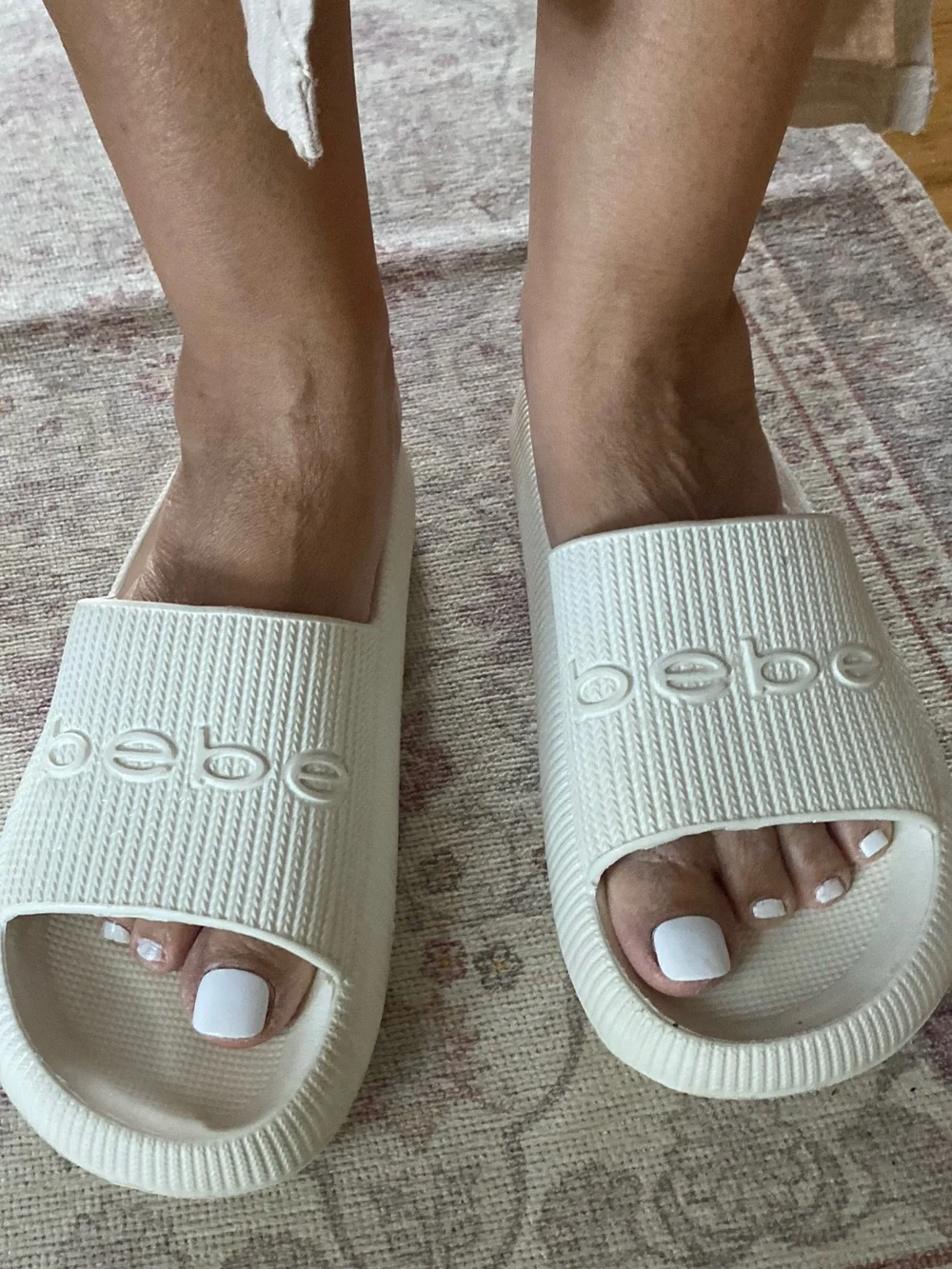 Bebe white sandal slides . They say size 9, but they are more like a 10 1/2..